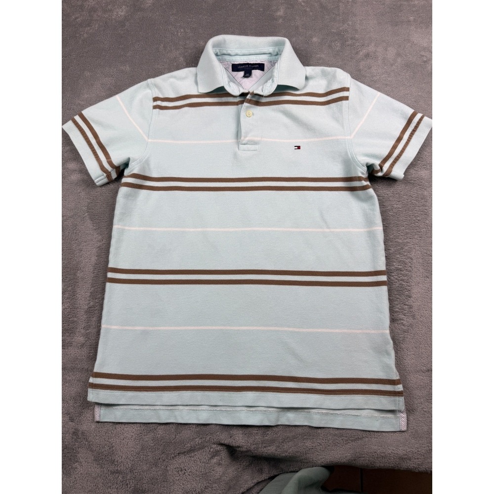 Tommy Hilfiger Men's Small‎ Polo Shirt Blue Brown Stripe Short Sleeve Logo